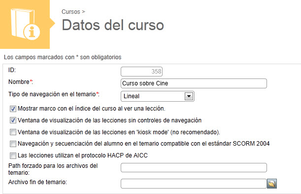 Captura de la página de configuraciónd de los Datos del curso