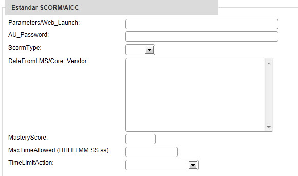 Captura del bloque Estándar Scorm/AICC de la configuracón de una lección