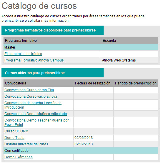 Captura de la sección pública Catálogo de cursos