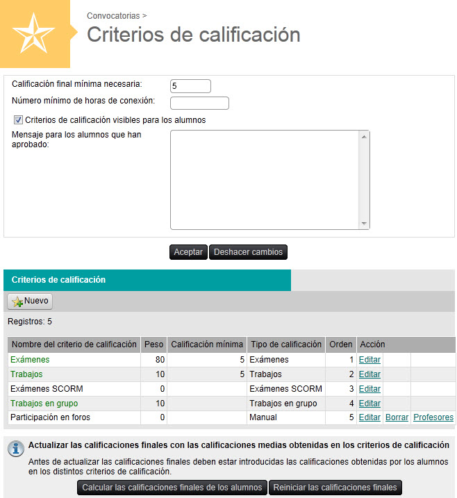 Captura de la pantalla para configurar los Criterios de calificación de la convocatoria