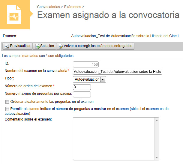 Captura de la pantalla para asignar un Examen a la convocatoria