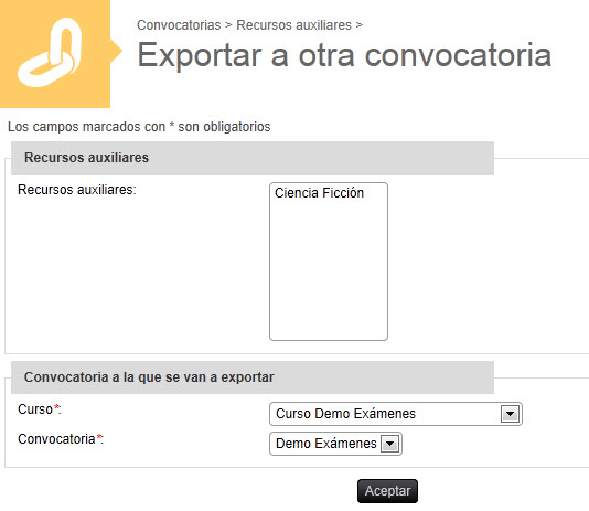 Captura de la página para Exportar un recurso a otra convocatoria