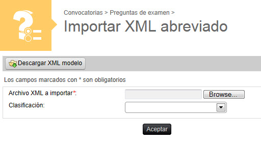 Captura de la página para Importar un archivo xml con las preguntas de examen