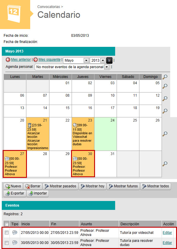 Captura de ejemplo de Tutorías que se muestran en el calendario