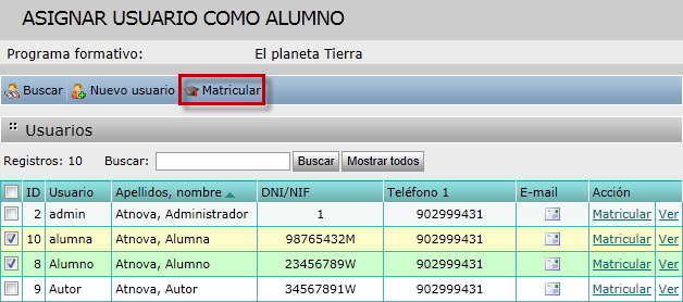 Asignar usuario alumno