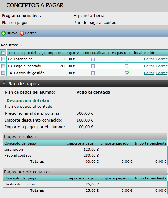 Conceptos a pagar pago al contado
