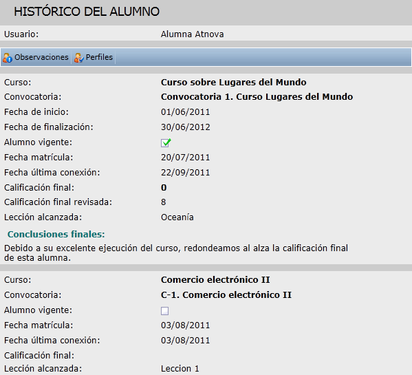 Histórico del alumnos