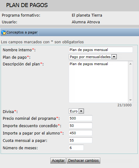 Modificar plan de pagos alumno