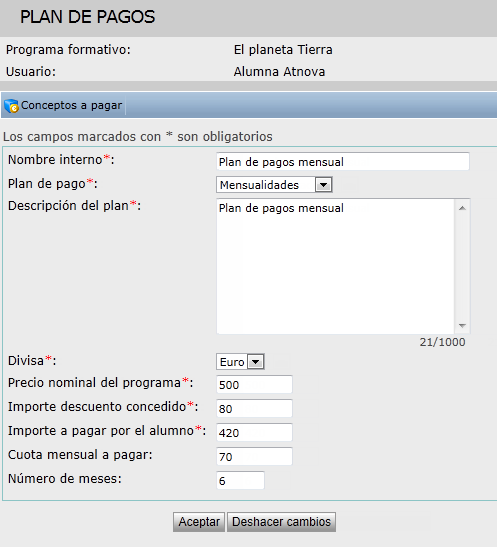plan de pagos del alumno