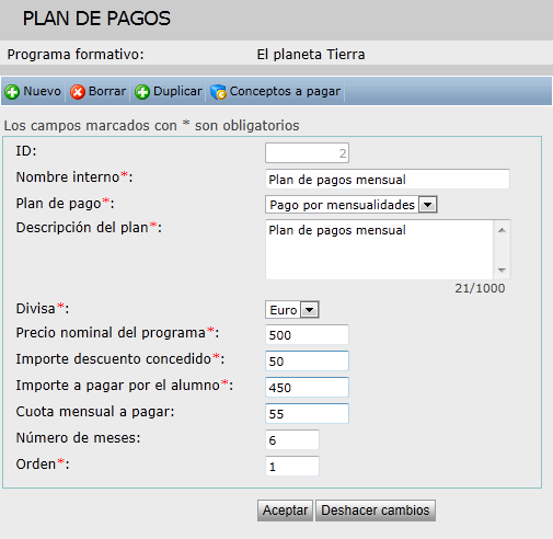 Plan de pagos mensual