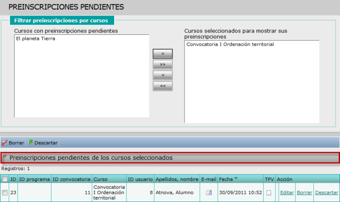 Preinscripciones pendientes