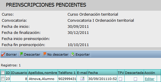 Preinscripciones endientes de la convocatoria
