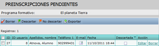 Preinscripciones pendientes