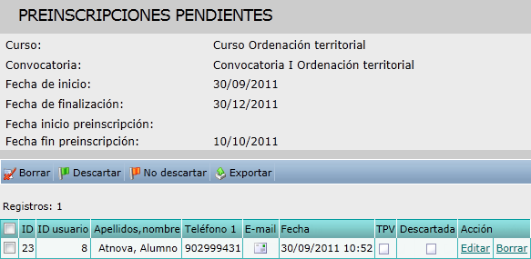 Preinscripciones pendientes convocatoria