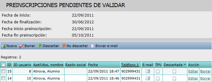 Preinscripciones pendientes